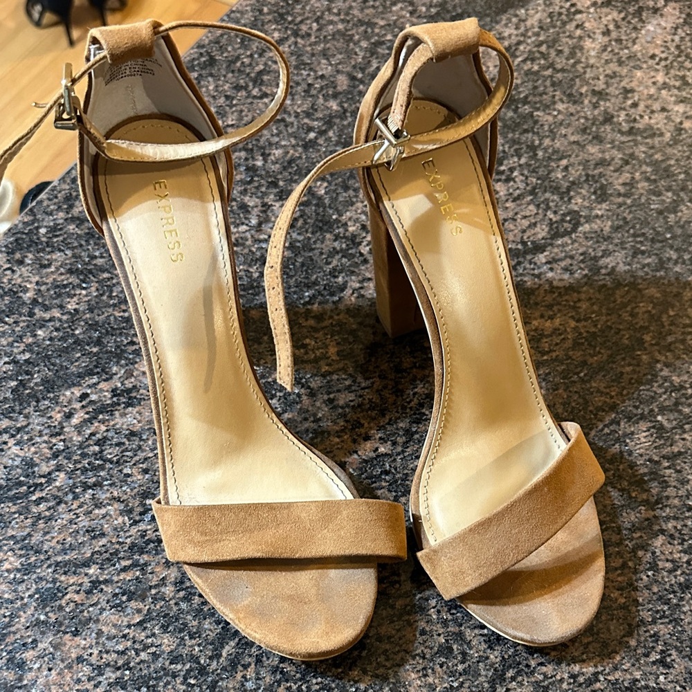 Express Beige Suede Ankle Strap Heels